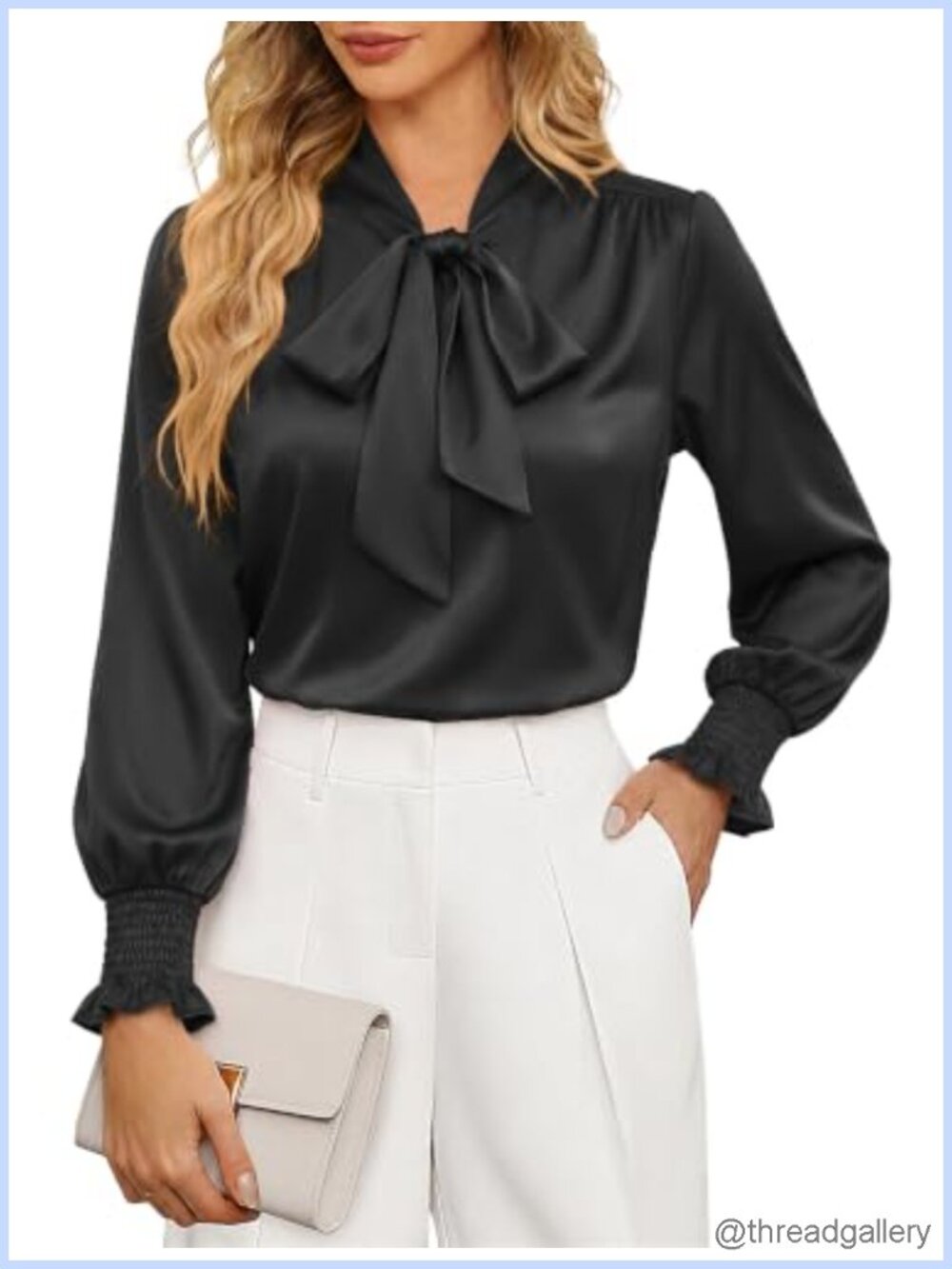 Satin Bow Tie Neck Blouse Long Sleeve Dressy Casual Top